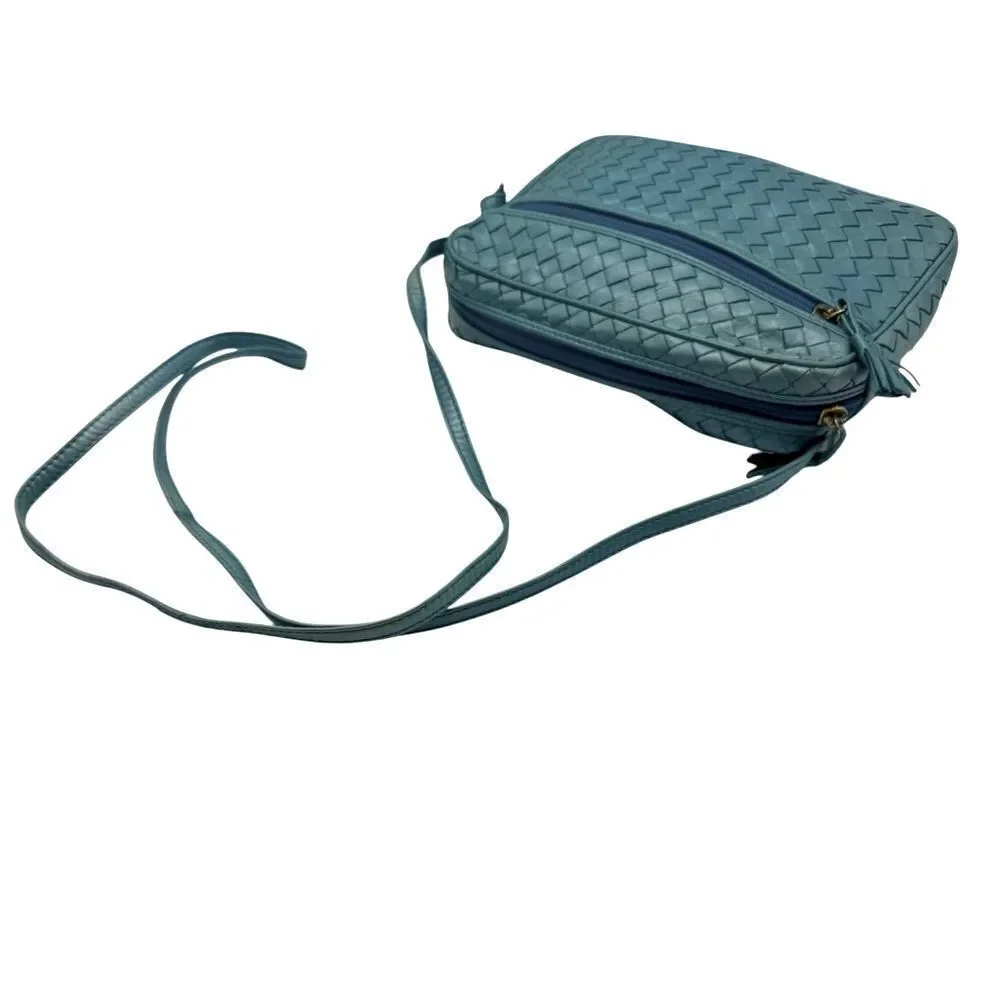 Auth Bottega Veneta Metallic Blue Intreciatto Camera Crossbody Shoulder Bag